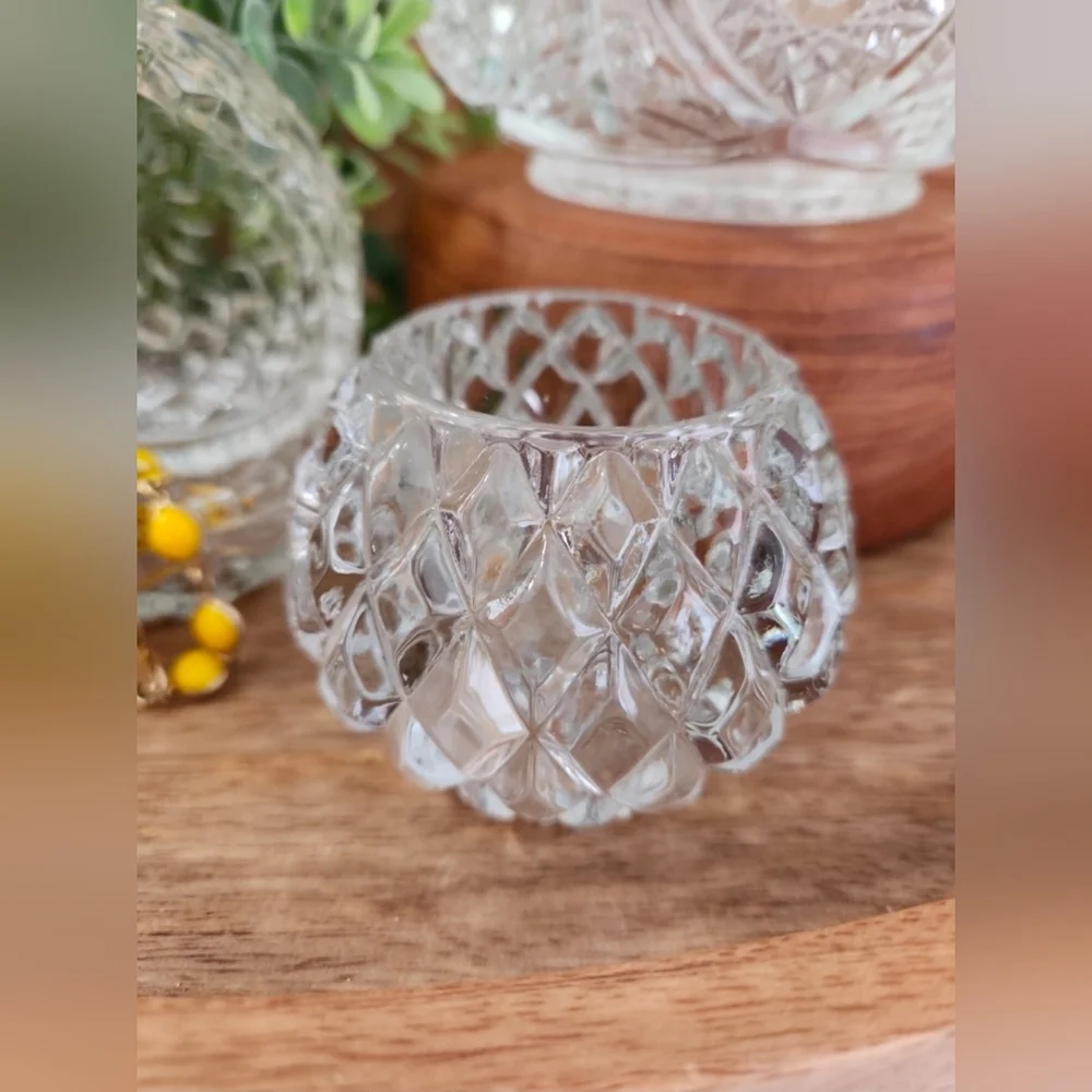 Vintage EAPG Clear Cut Glass Starburst Bowl Hobnail Trinket Box Votive Holder